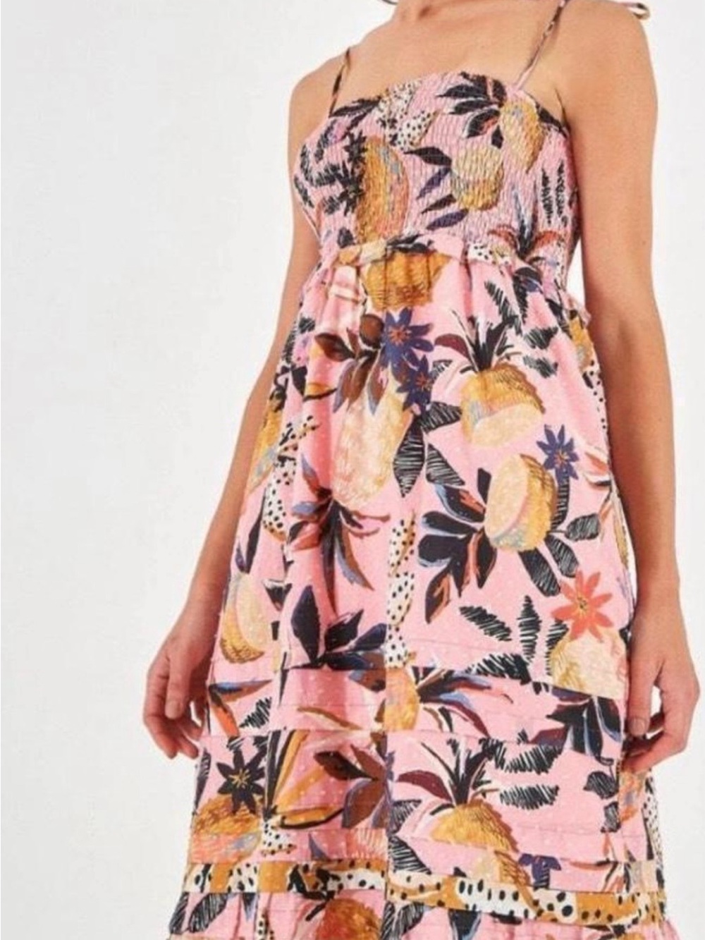 FARM Rio Pink Tropical Tiered Midi Dress with Fruit Print